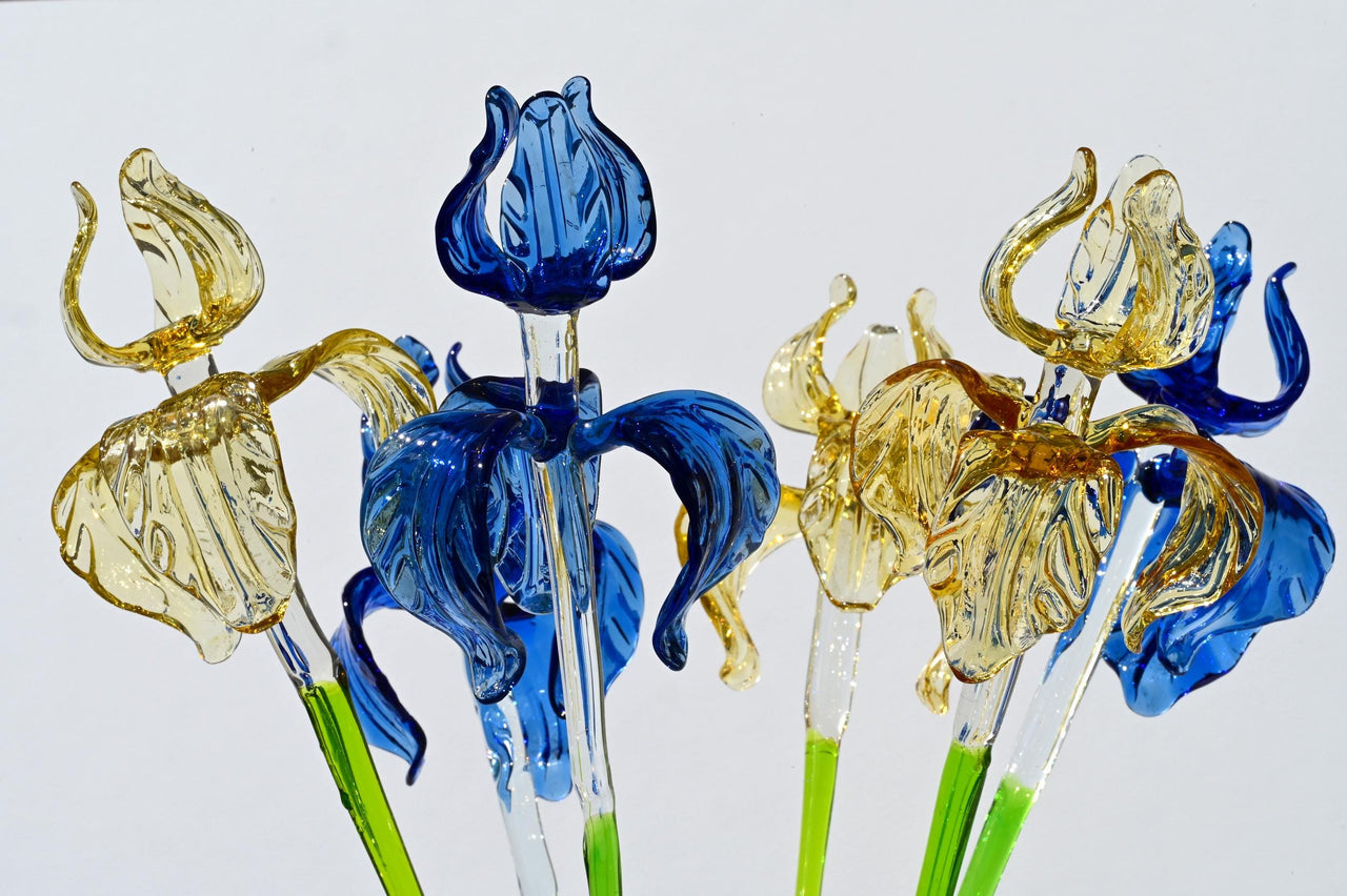 Hand-Blown Glass Iris Bouquet: Blue & Gold Flowers, Flame Work Art