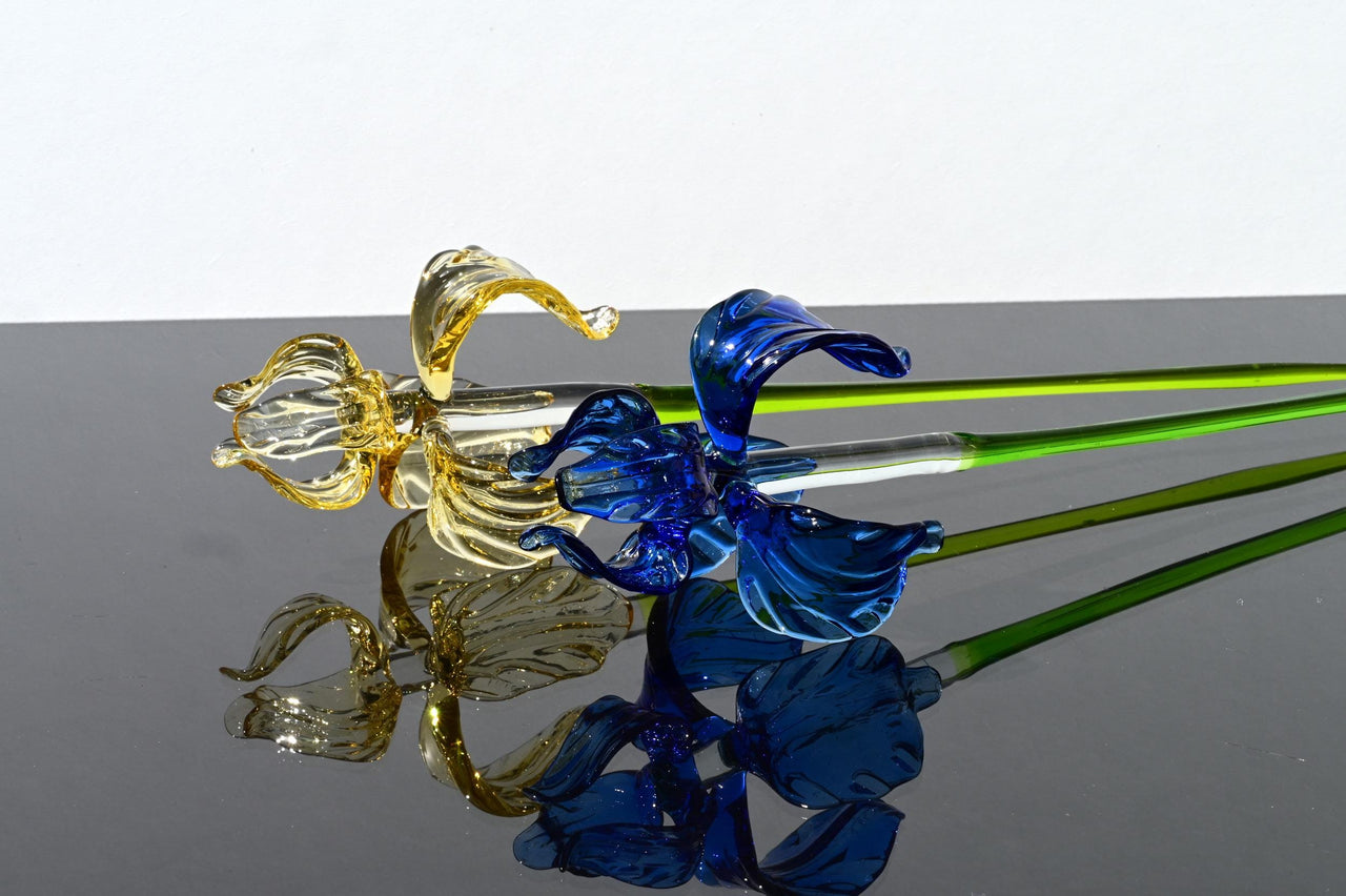 Glass Iris Flowers, Lampwork Glass Flowers Bouquet - Long Stem Glass Flowers - Glass Birth Month Flower - Birthday Gift for Her