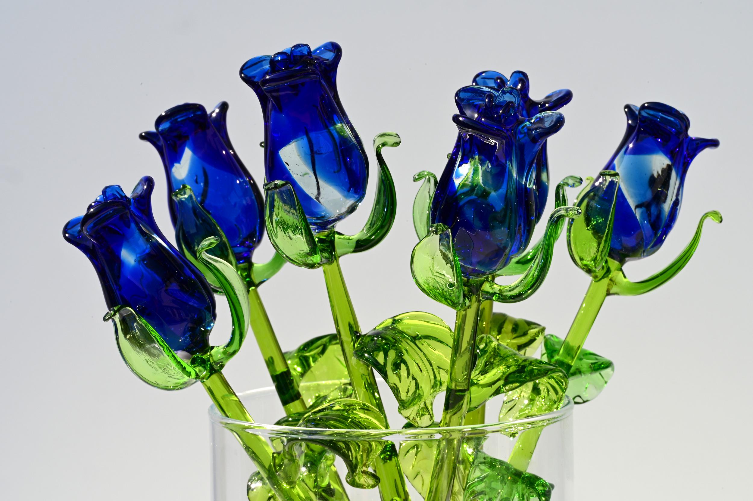 Glass Flower Bouquet - Glass Rose - Handmade Glass Flowers Rose - Blown Glass Flowers - Blue Glass Rose - Christmas Gift for Mom