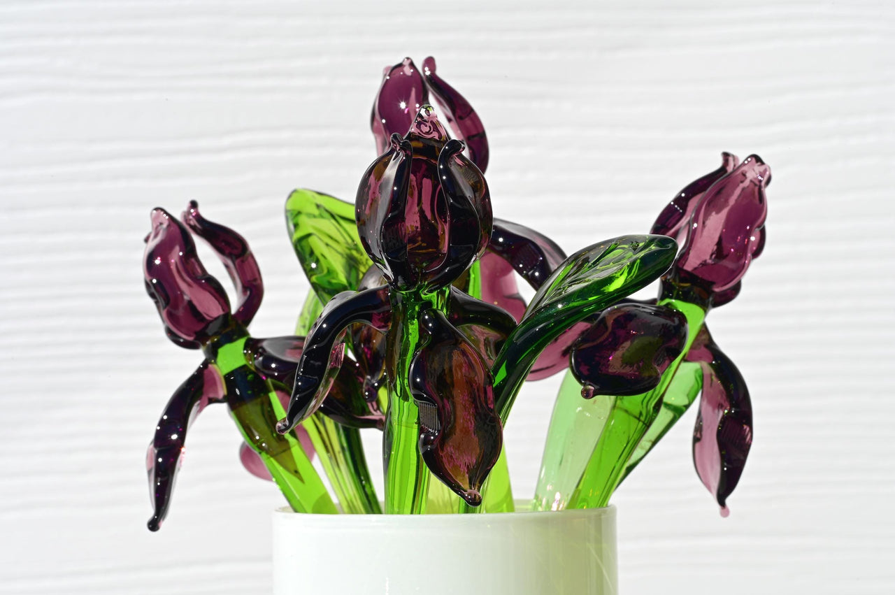 Purple Glass Iris Stem – 8" Handblown Art Glass Flower, Forever Bloom Gift, Luxury Home Décor Accent, Unique Keepsake Botanical Sculpture