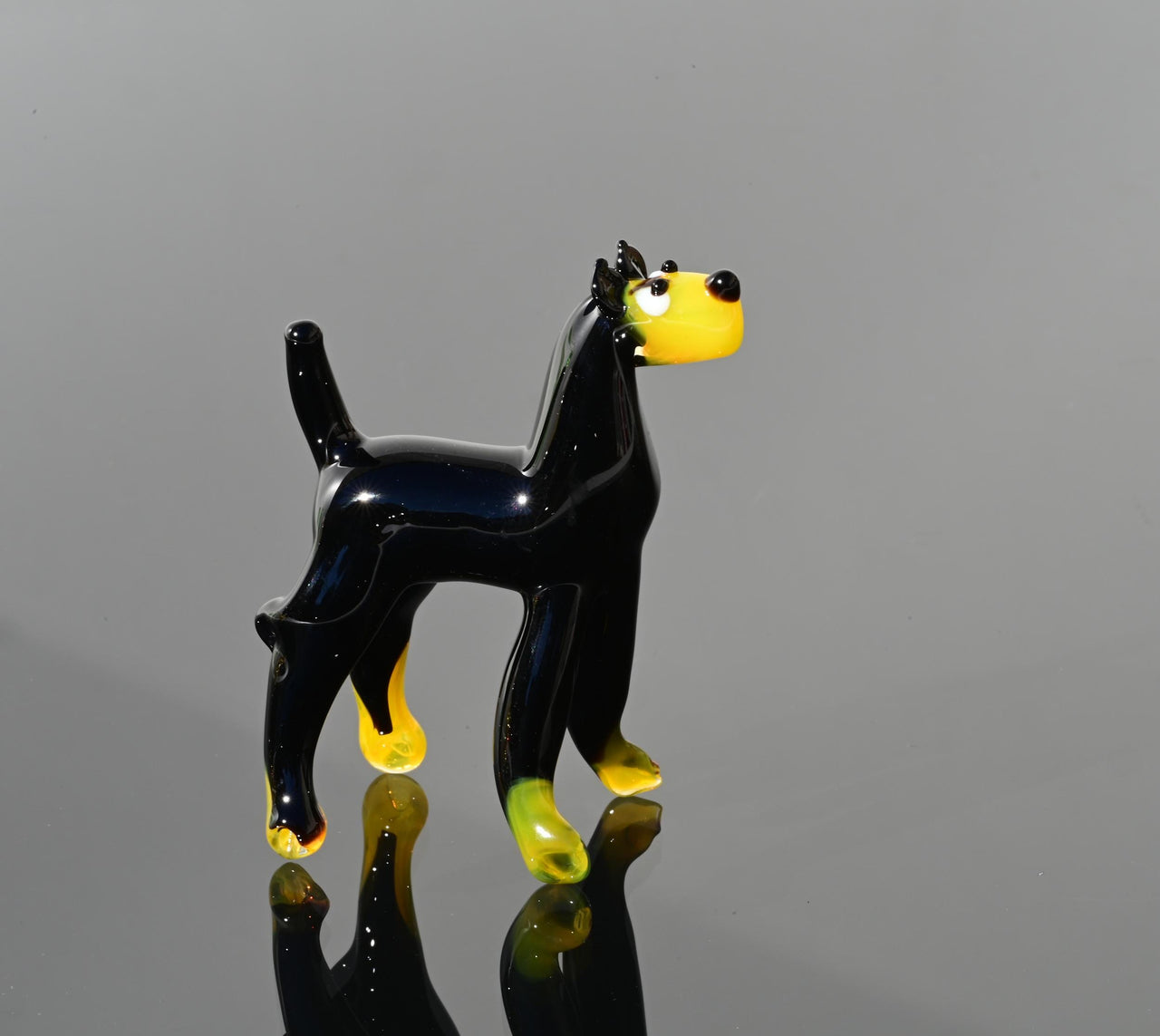 Black Glass Doberman Figurine: Whimsical Handmade Sculpture