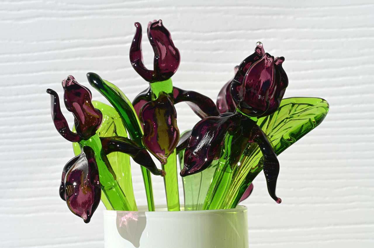 Purple Glass Iris Stem – 8" Handblown Art Glass Flower, Forever Bloom Gift, Luxury Home Décor Accent, Unique Keepsake Botanical Sculpture