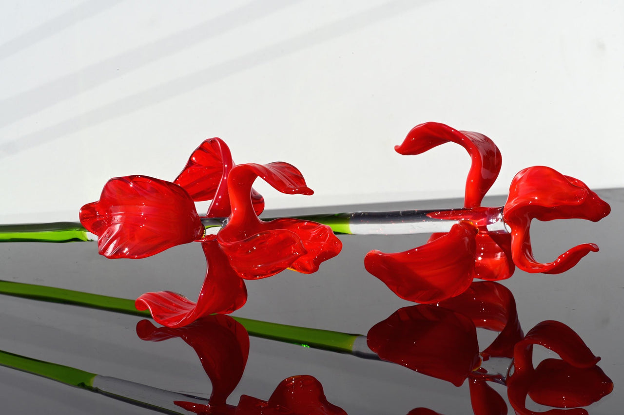 Handblown Red Glass Iris Flower - 17" Tall Floral Art