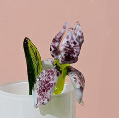 Handmade Leopard Glass Iris Flower, Purple Spotted Sculpture, 8 Inch
