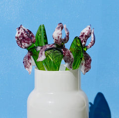 Handmade Leopard Glass Iris Flower, Purple Spotted Sculpture, 8 Inch