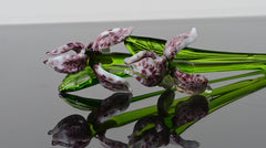 Handmade Leopard Glass Iris Flower, Purple Spotted Sculpture, 8 Inch