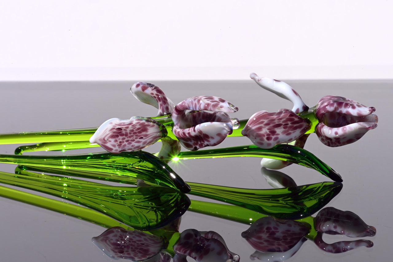 Handmade Leopard Glass Iris Flower, Purple Spotted Sculpture, 8 Inch