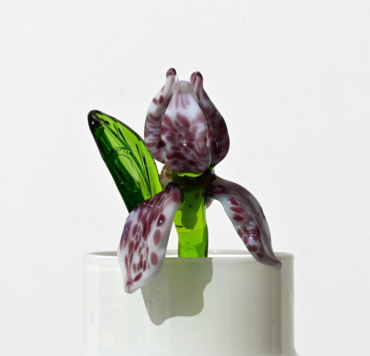 Handmade Leopard Glass Iris Flower, Purple Spotted Sculpture, 8 Inch