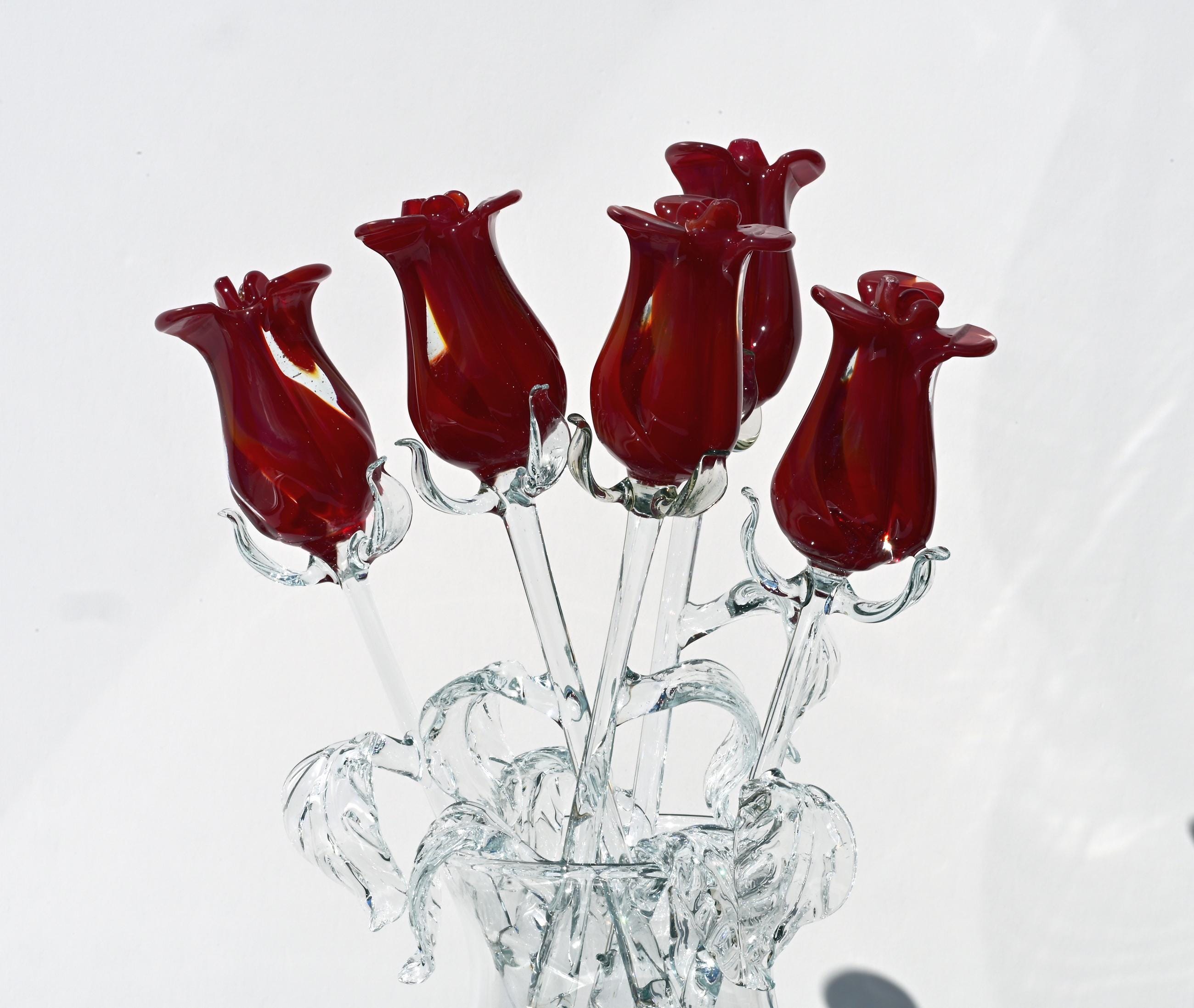 Glass Rose - Glass Flower Bouquet - Handmade Glass Flowers Rose - Blown Glass Flowers - Red Glass Rose - Christmas Gift for Mom