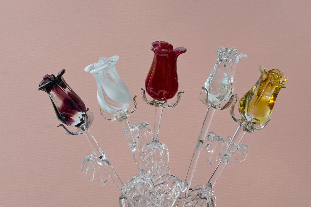 Handmade Multicolor Glass Rose Bouquet: Flame Worked Sculpture