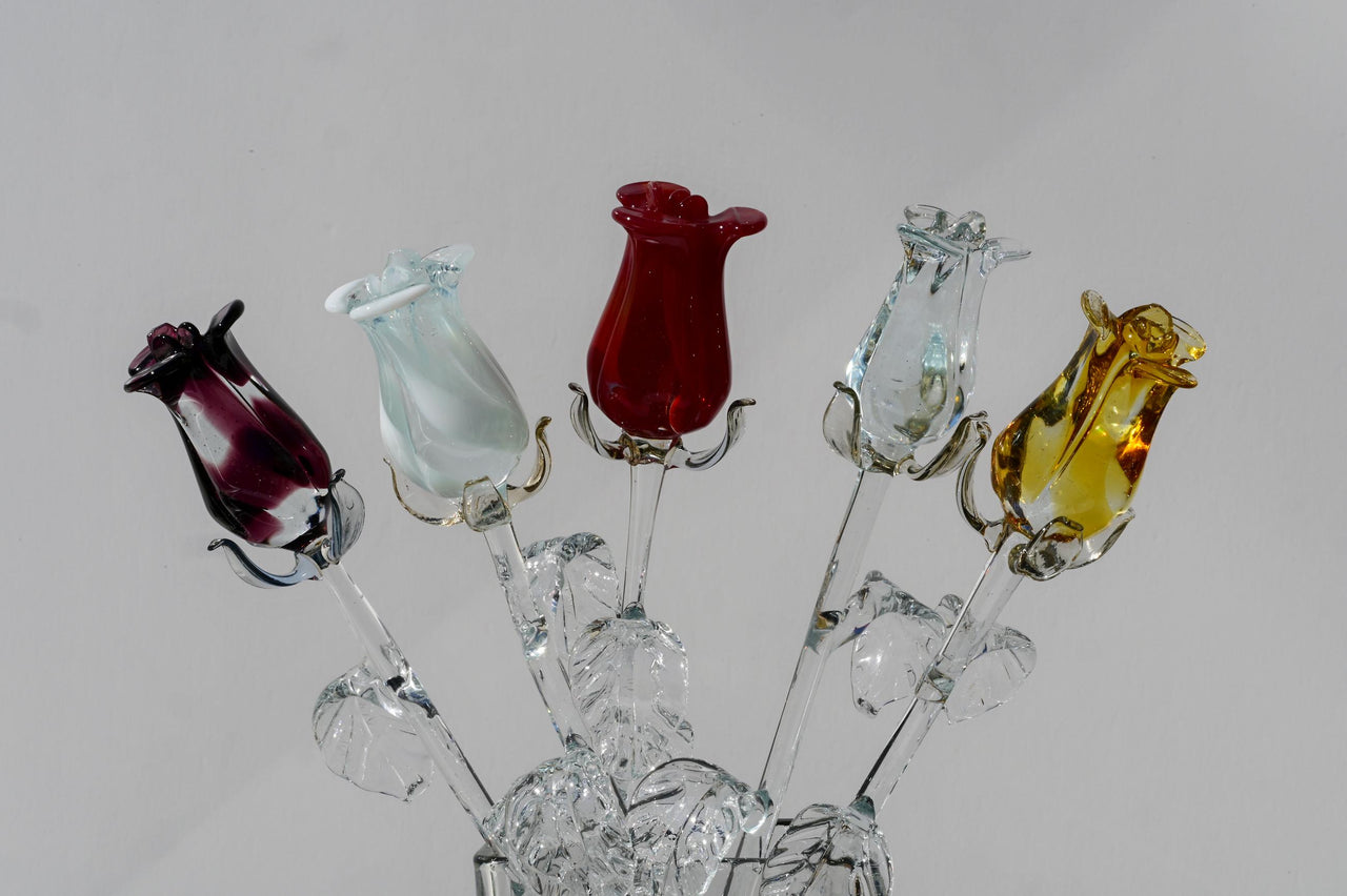 Handmade Multicolor Glass Rose Bouquet: Flame Worked Sculpture