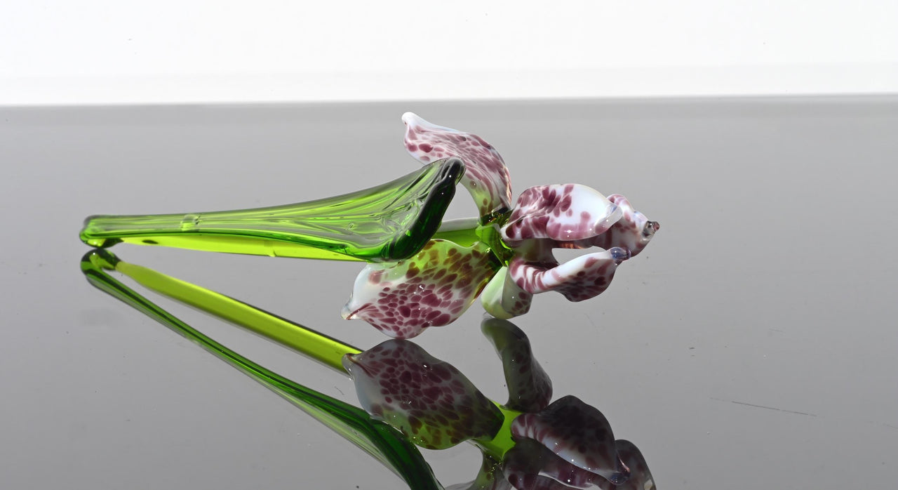 Handmade Leopard Glass Iris Flower, Purple Spotted Sculpture, 8 Inch