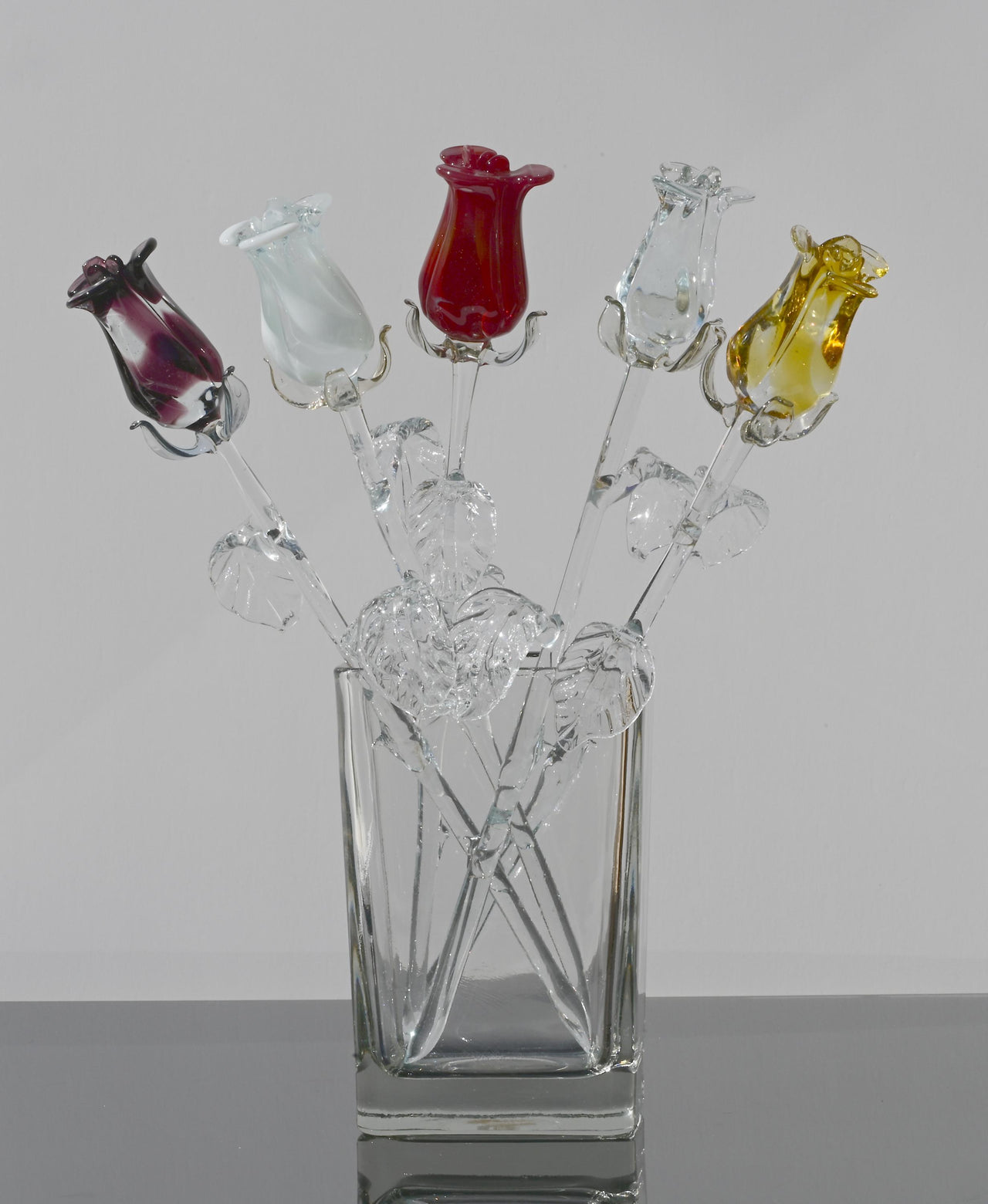 Handmade Multicolor Glass Rose Bouquet: Flame Worked Sculpture