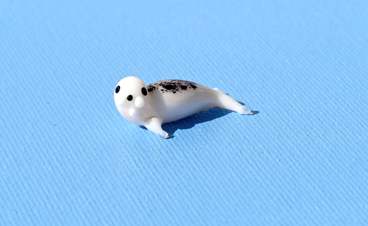 Seal, Tiny Glass Animals, Ocean Art, Sea Animals, Mini Glass Animals, Ocean Decor, Sea Creatures, Glass Figures, White Seal, Spotted Seal
