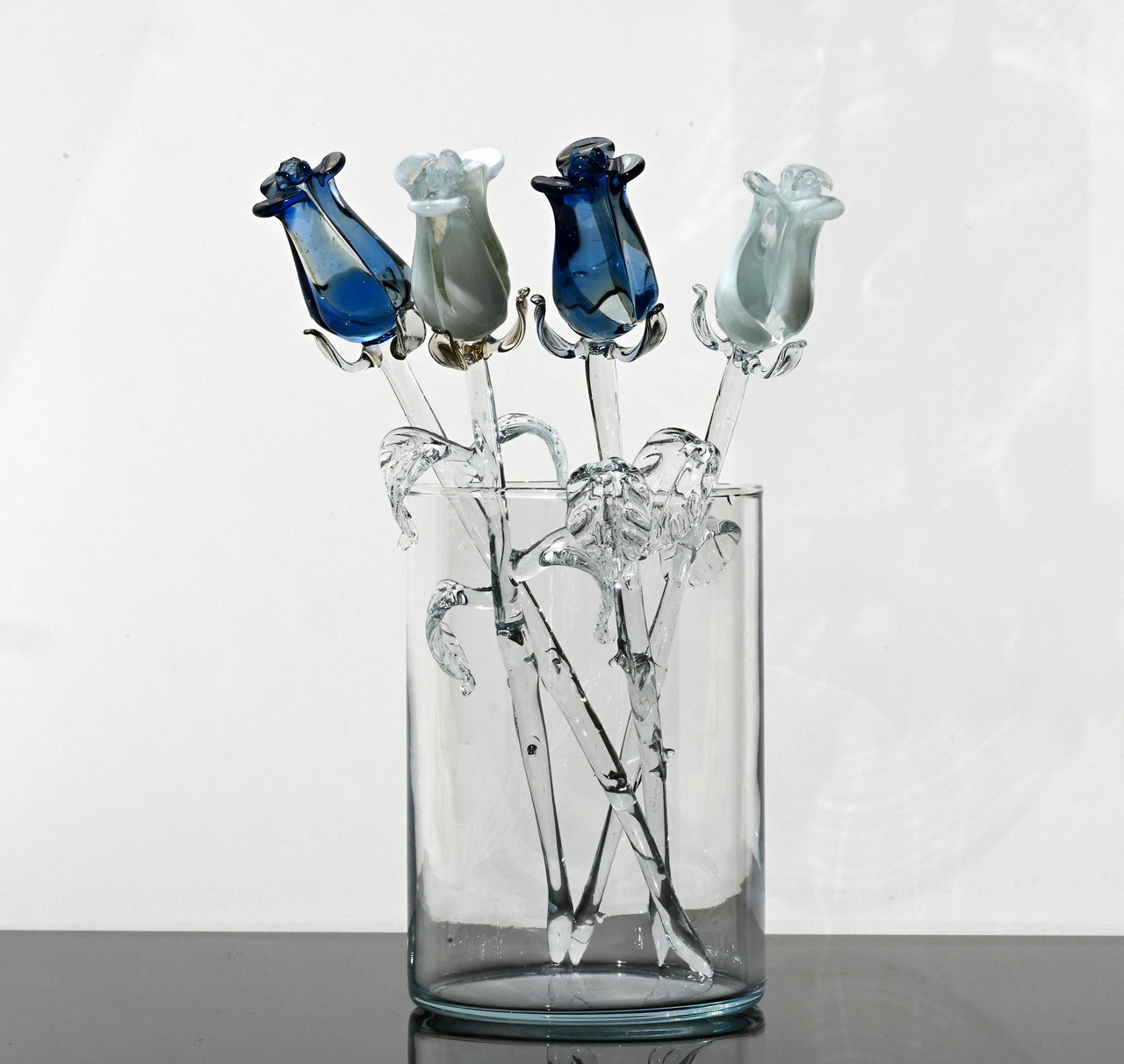Handmade Blue & White Glass Rose Bouquet: Flame Work Sculpture