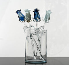 Handmade Blue & White Glass Rose Bouquet: Flame Work Sculpture