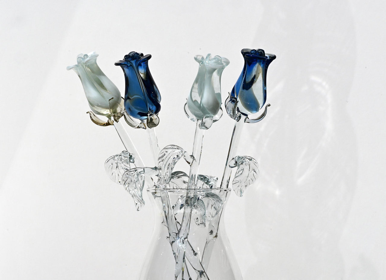 Handmade Blue & White Glass Rose Bouquet: Flame Work Sculpture