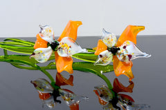 Orange White Glass Orchid – Hand Blown Flower Sculpture – Elegant Floral Gift Idea