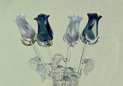 Handmade Blue & White Glass Rose Bouquet: Flame Work Sculpture