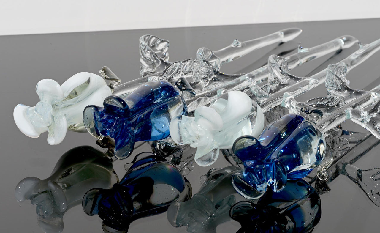 Handmade Blue & White Glass Rose Bouquet: Flame Work Sculpture