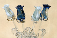 Handmade Blue & White Glass Rose Bouquet: Flame Work Sculpture