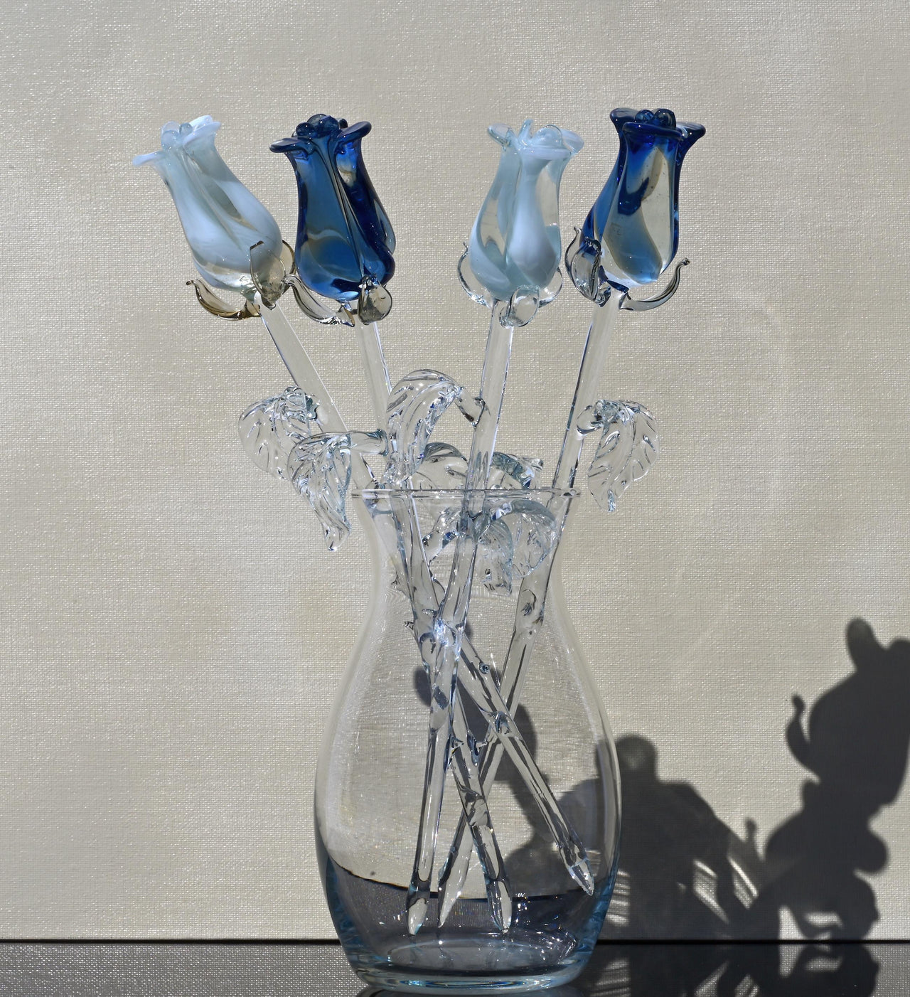 Handmade Blue & White Glass Rose Bouquet: Flame Work Sculpture