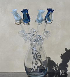 Handmade Blue & White Glass Rose Bouquet: Flame Work Sculpture