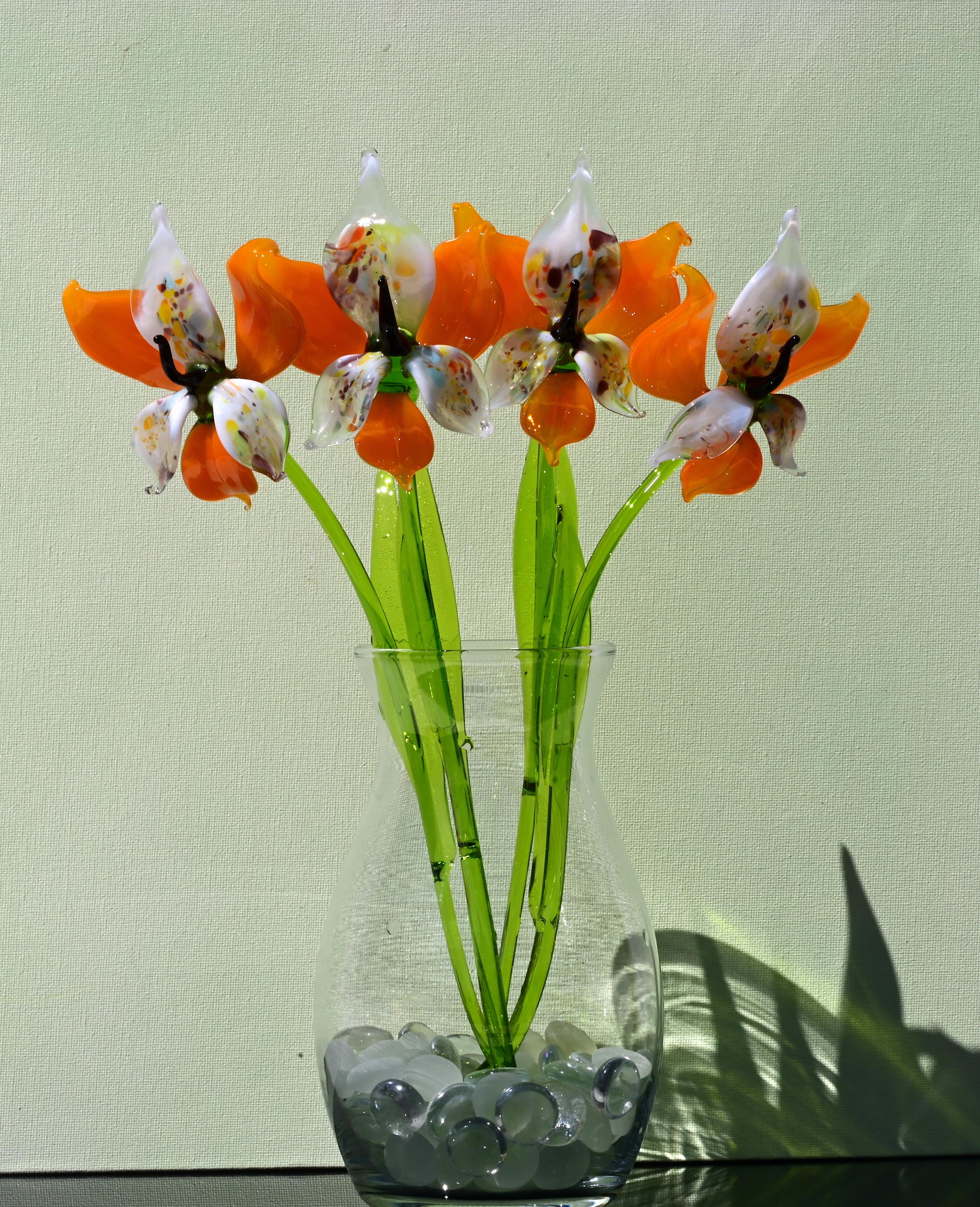 Orange White Glass Orchid – Hand Blown Flower Sculpture – Elegant Floral Gift Idea