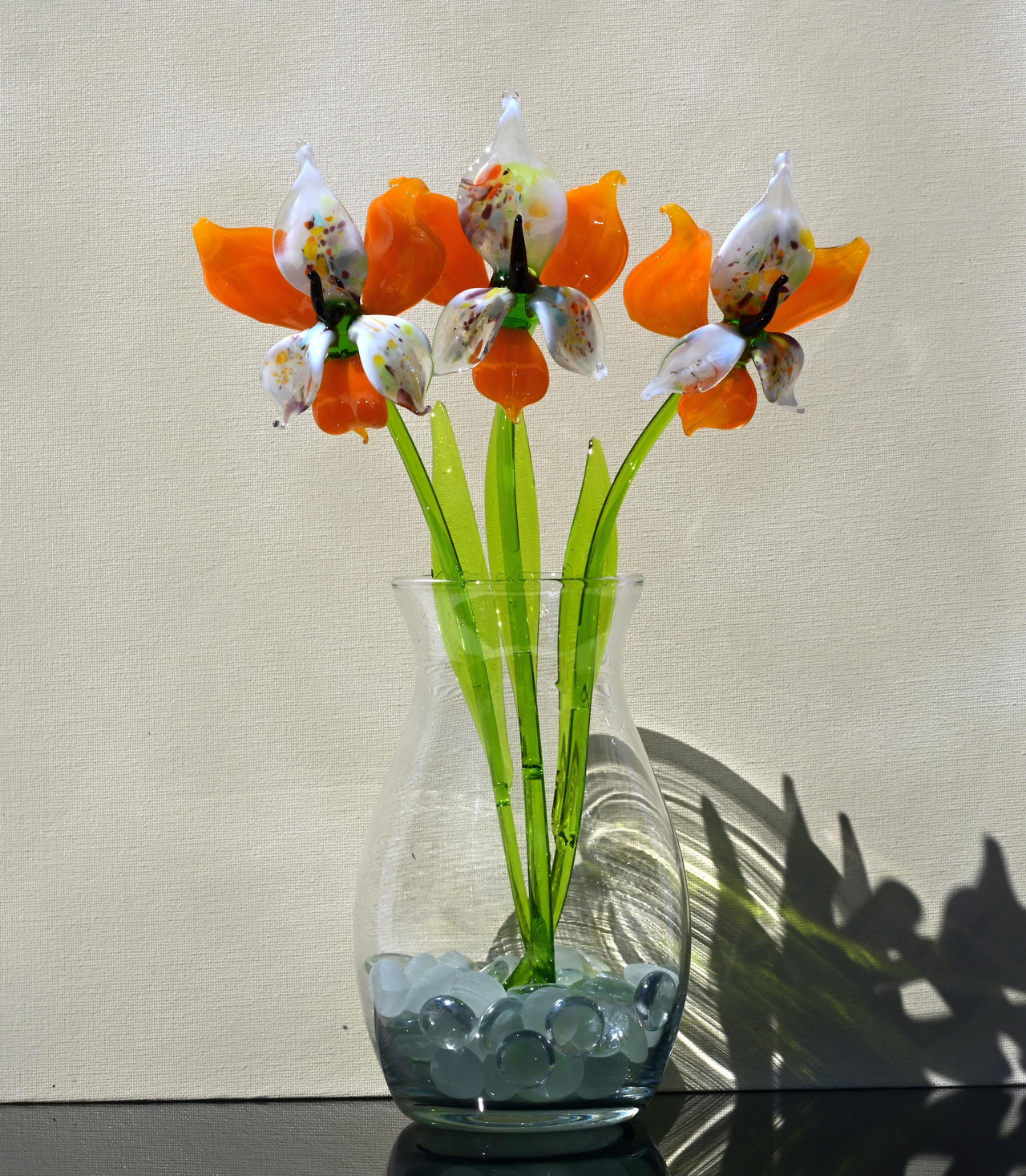 Orange White Glass Orchid – Hand Blown Flower Sculpture – Elegant Floral Gift Idea
