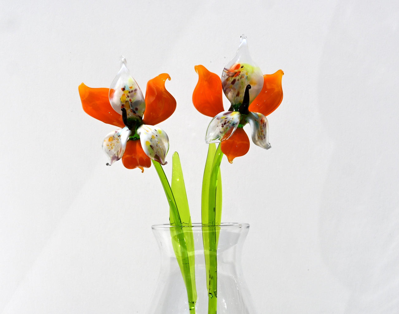 Orange White Glass Orchid – Hand Blown Flower Sculpture – Elegant Floral Gift Idea
