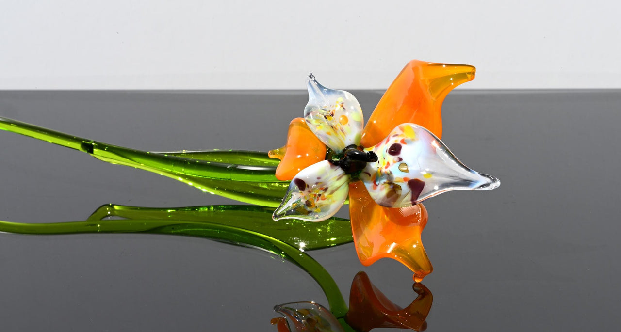 Orange White Glass Orchid – Hand Blown Flower Sculpture – Elegant Floral Gift Idea
