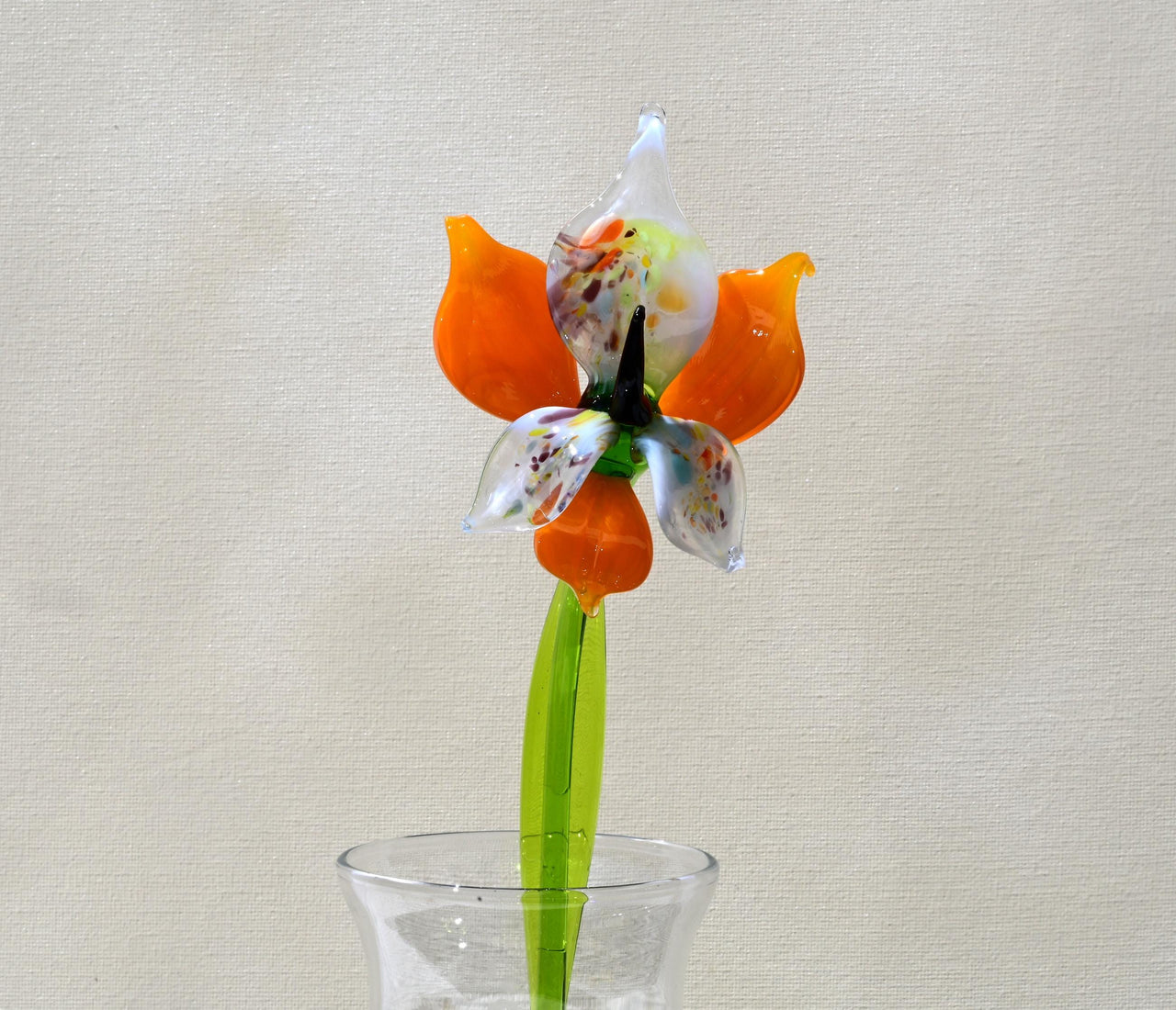 Orange White Glass Orchid – Hand Blown Flower Sculpture – Elegant Floral Gift Idea