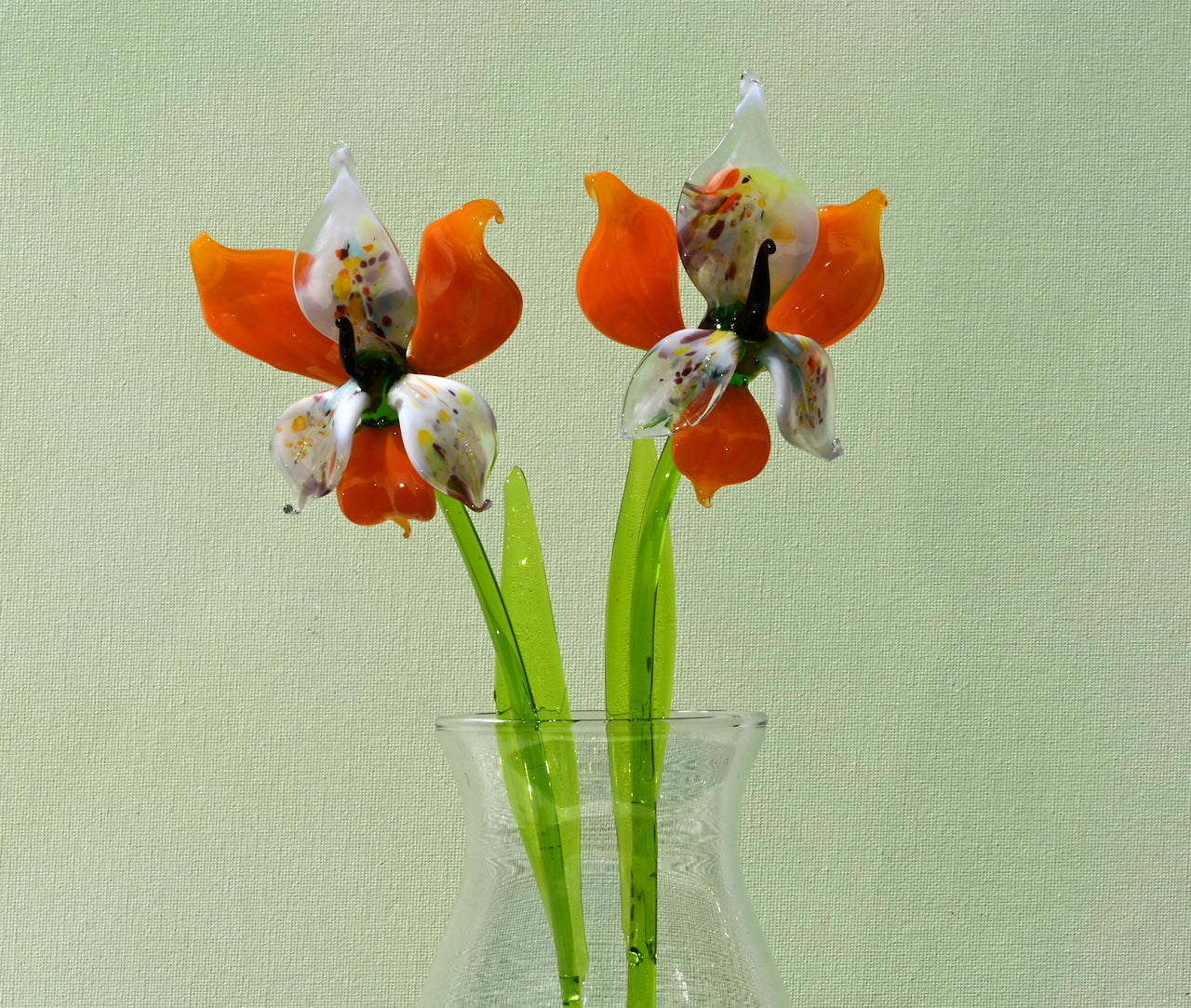 Orange White Glass Orchid – Hand Blown Flower Sculpture – Elegant Floral Gift Idea