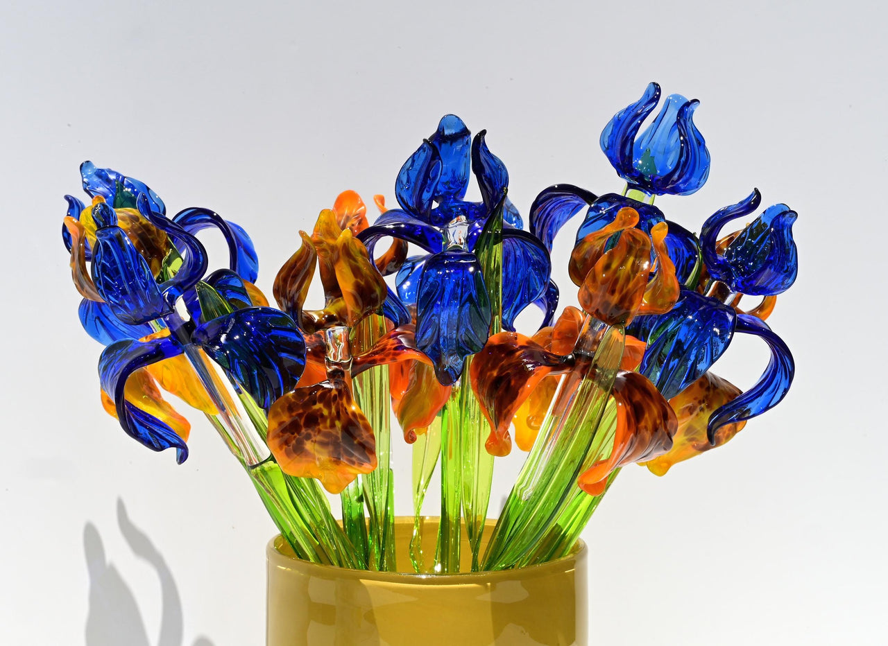 Glass Flowers Bouquet, Blown Glass Iris Flowers, Glass Birth Month Flower - Long Stem Glass Flowers - Anniversary Gift for Her