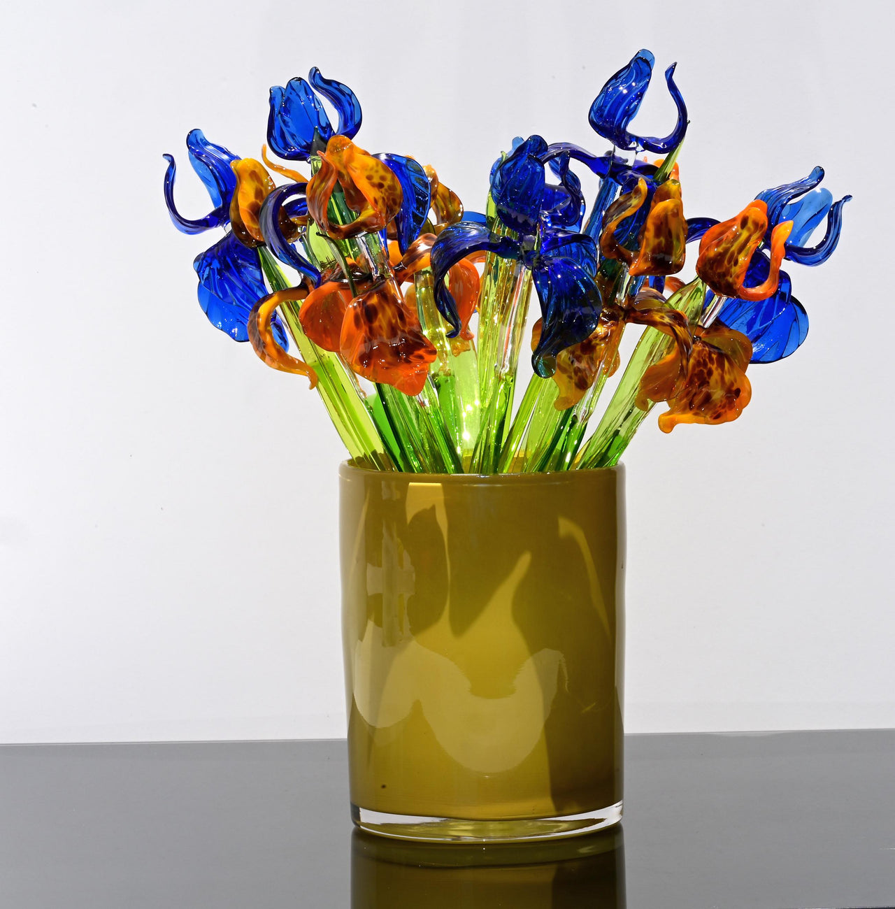 Hand Blown Glass Iris Bouquet: Blue & Orange Floral Sculpture
