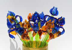 Hand Blown Glass Iris Bouquet: Blue & Orange Floral Sculpture