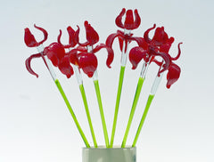 Red Glass Iris Flower: 16" Blown Glass Sculpture, Murano Style Art