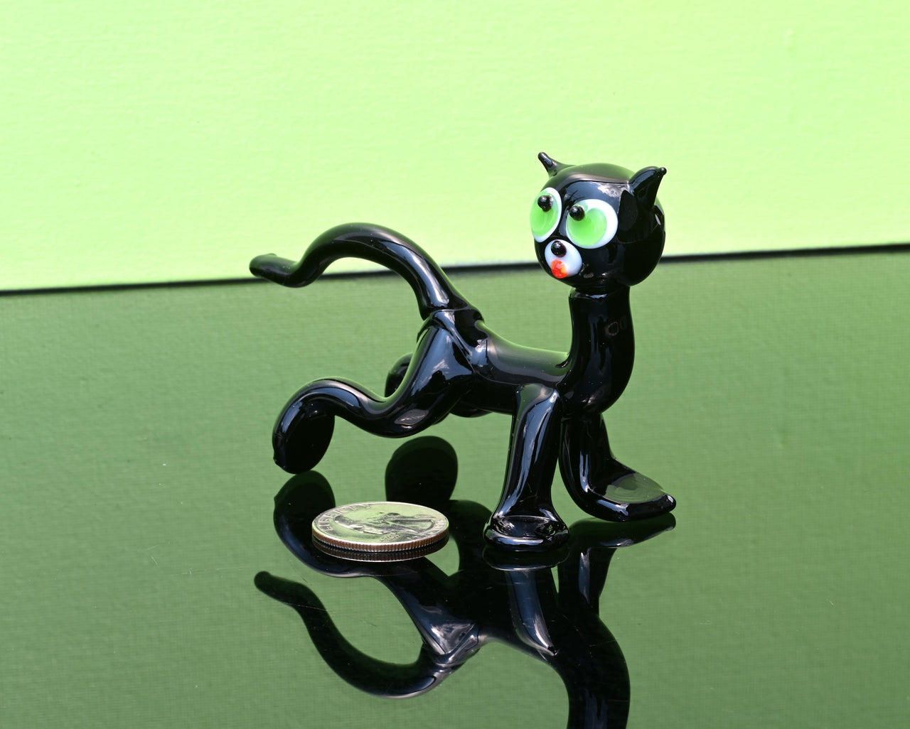 Glass Black Cat Figurine: Green Eyes, Handmade Flame Work