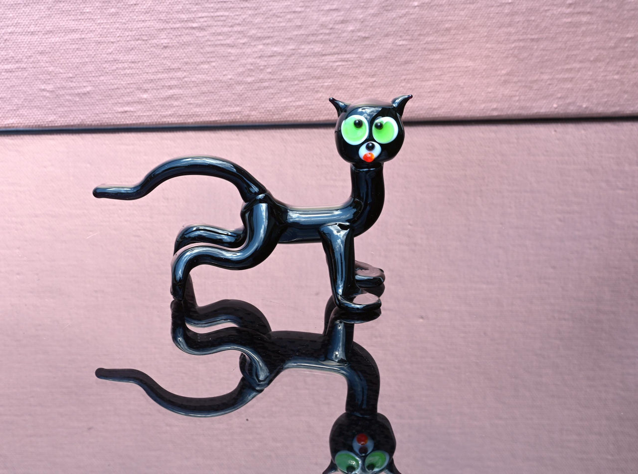 Glass Black Cat Figurine: Green Eyes, Handmade Flame Work