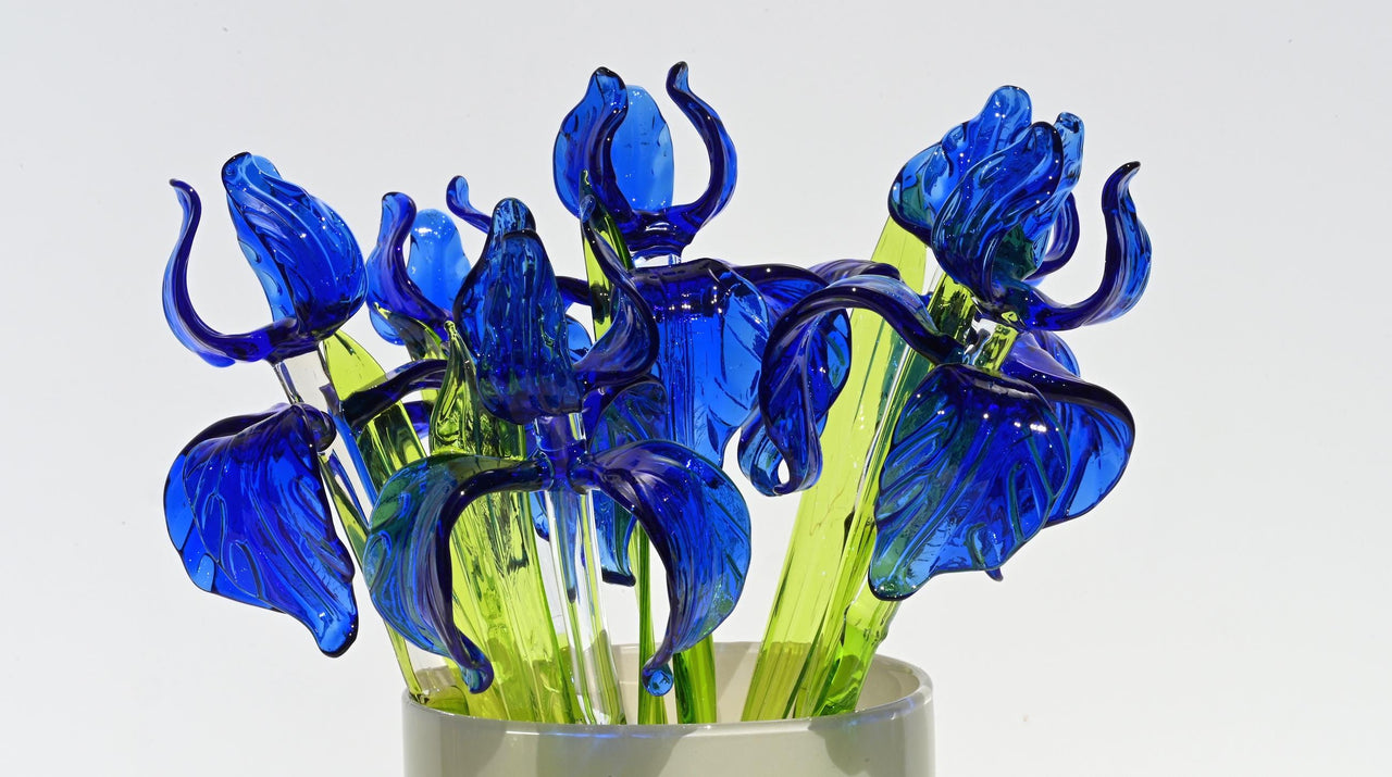 Glass Iris Flower - Hand Blown Glass Iris - Blue Glass Flowers Bouquet - Blown Glass Flowers - Christmas Gift for Mom