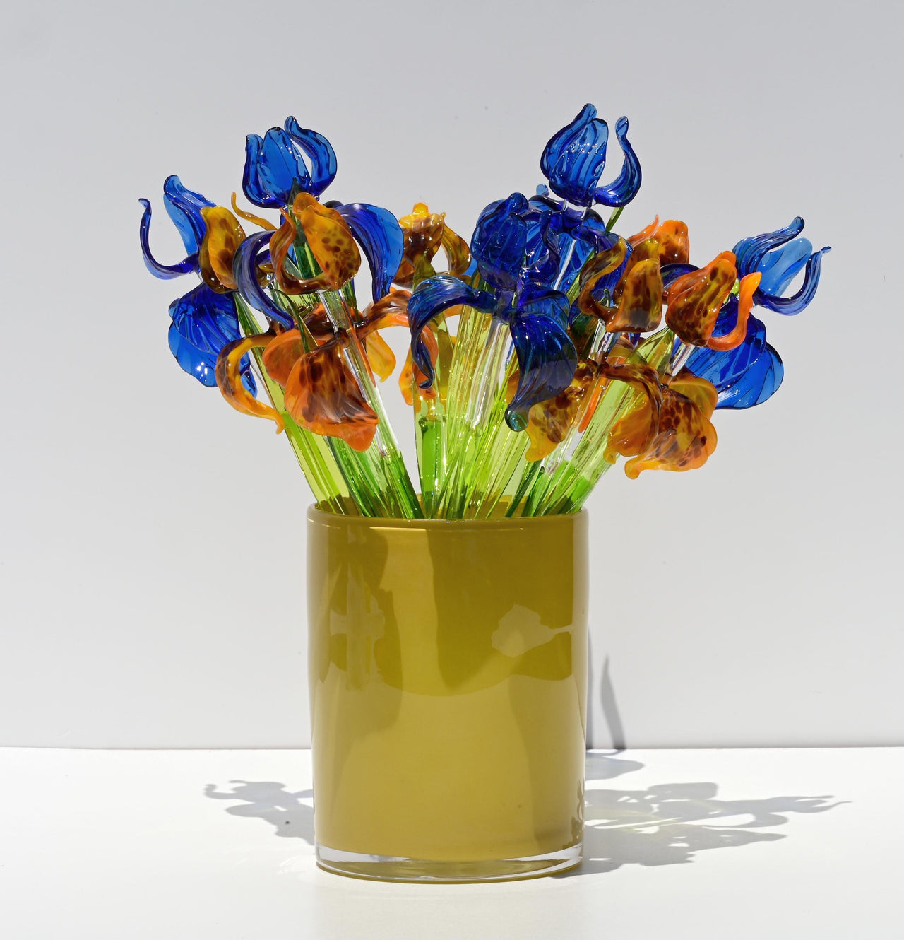 Hand Blown Glass Iris Bouquet: Blue & Orange Floral Sculpture