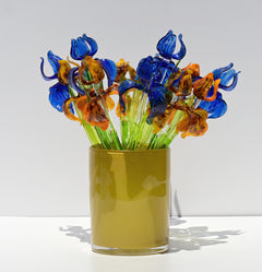 Hand Blown Glass Iris Bouquet: Blue & Orange Floral Sculpture