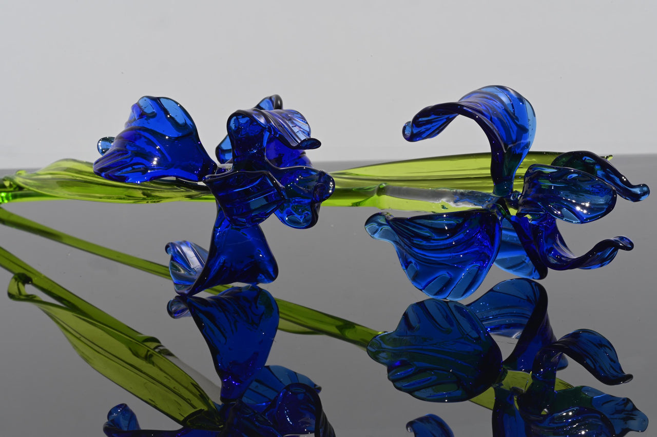 Hand Blown Glass Iris Bouquet: Blue & Orange Floral Sculpture
