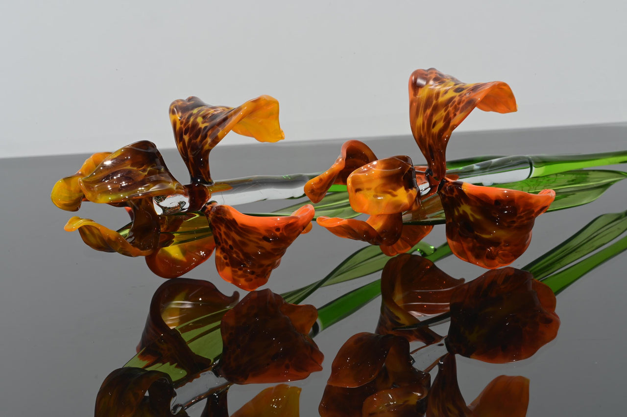 Hand Blown Glass Iris Bouquet: Blue & Orange Floral Sculpture