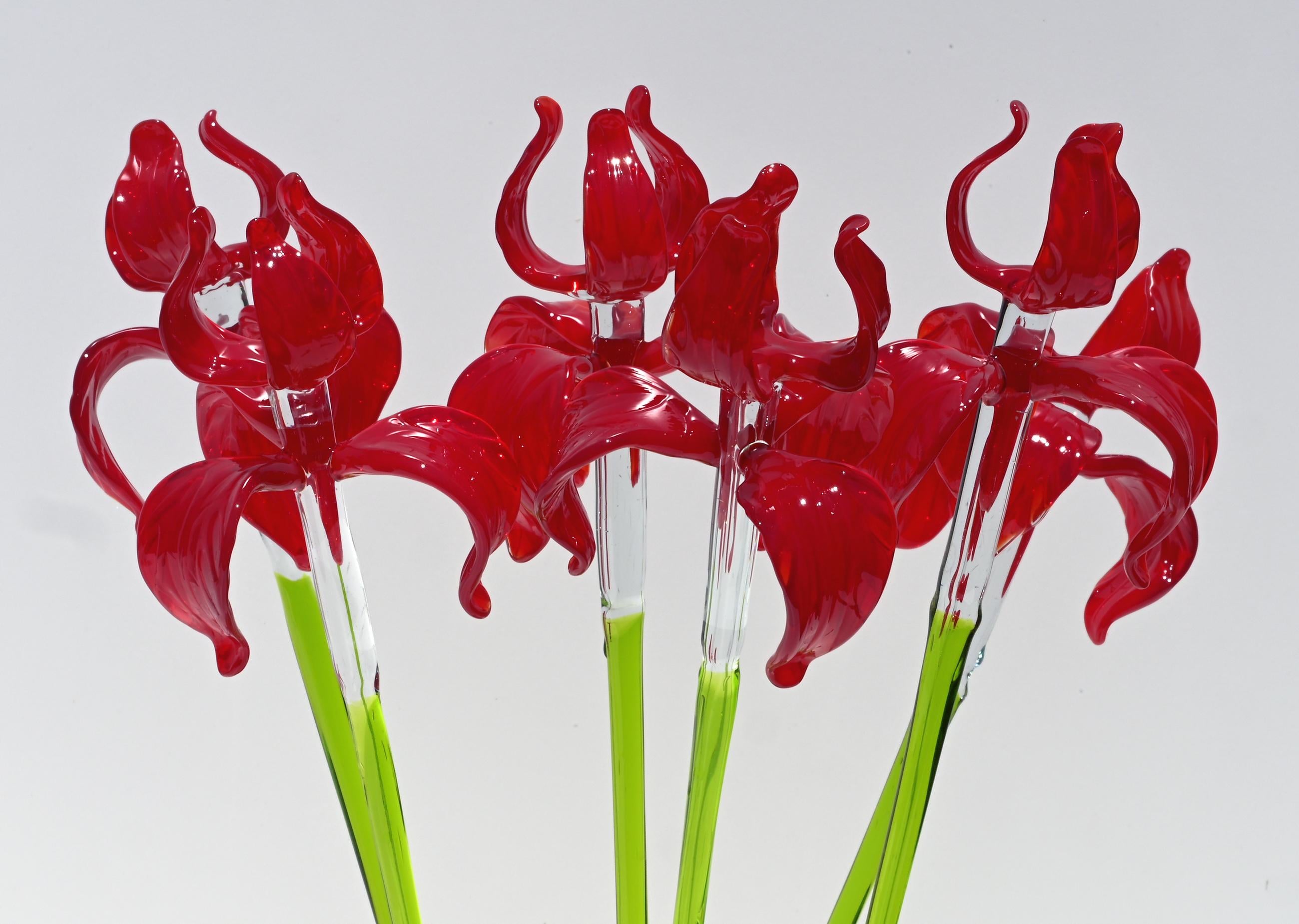 Red Glass Iris Flower: 16" Blown Glass Sculpture, Murano Style Art