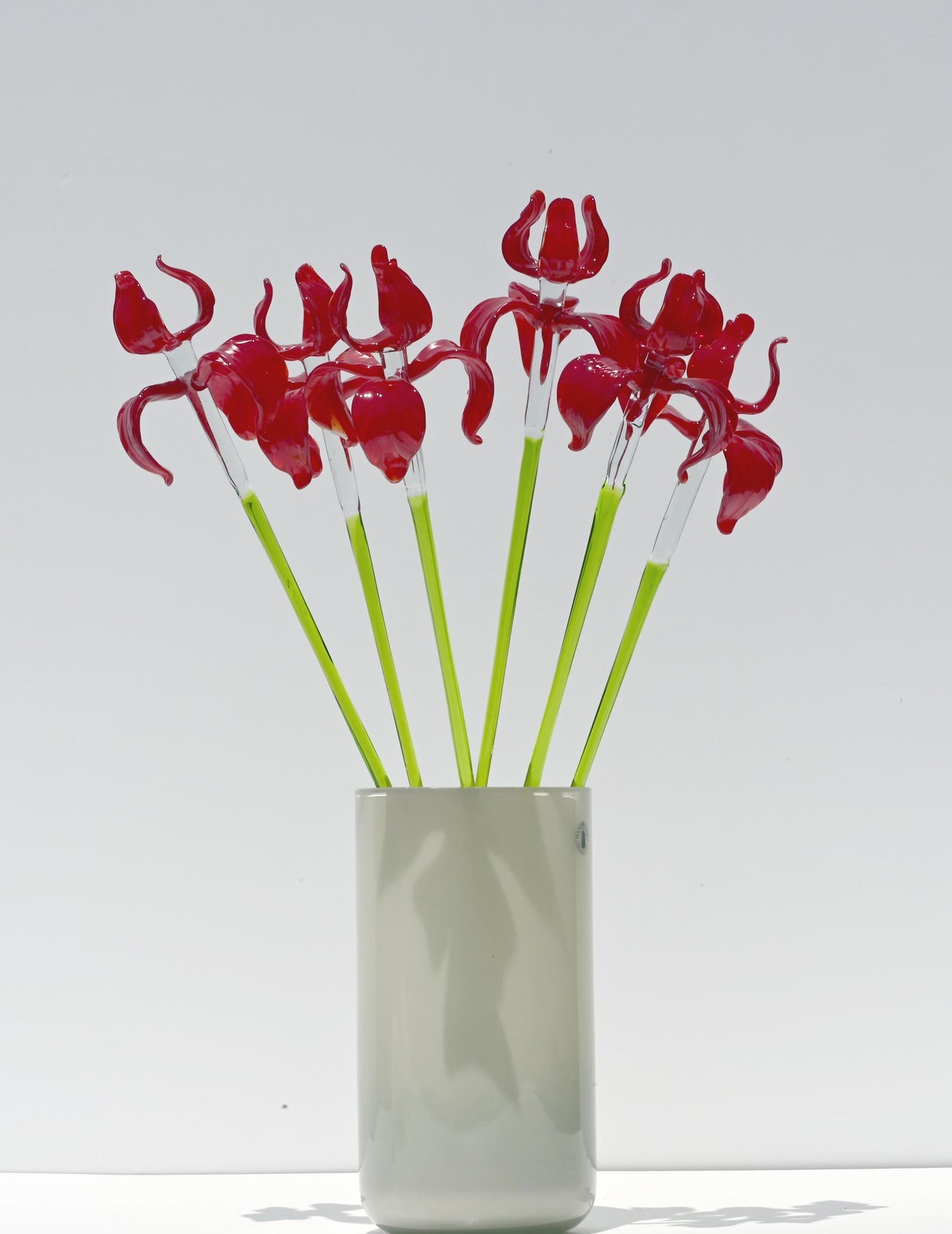Red Glass Iris Flower: 16" Blown Glass Sculpture, Murano Style Art