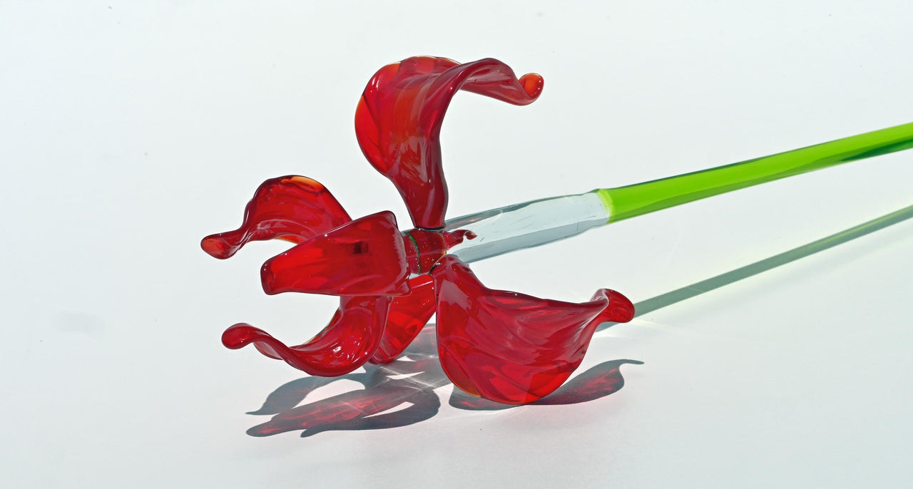 Red Glass Iris Flower: 16" Blown Glass Sculpture, Murano Style Art