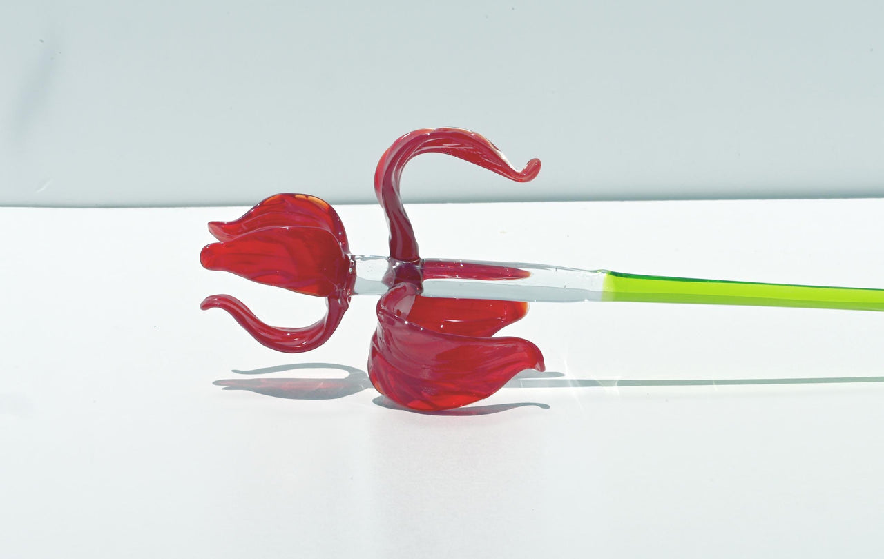 Red Glass Iris Flower: 16" Blown Glass Sculpture, Murano Style Art