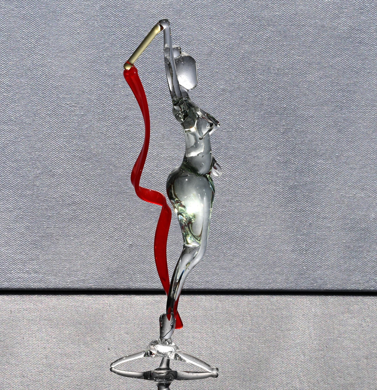Hand-Blown Glass Gymnast Statue: Red Ribbon, Flame Work Art