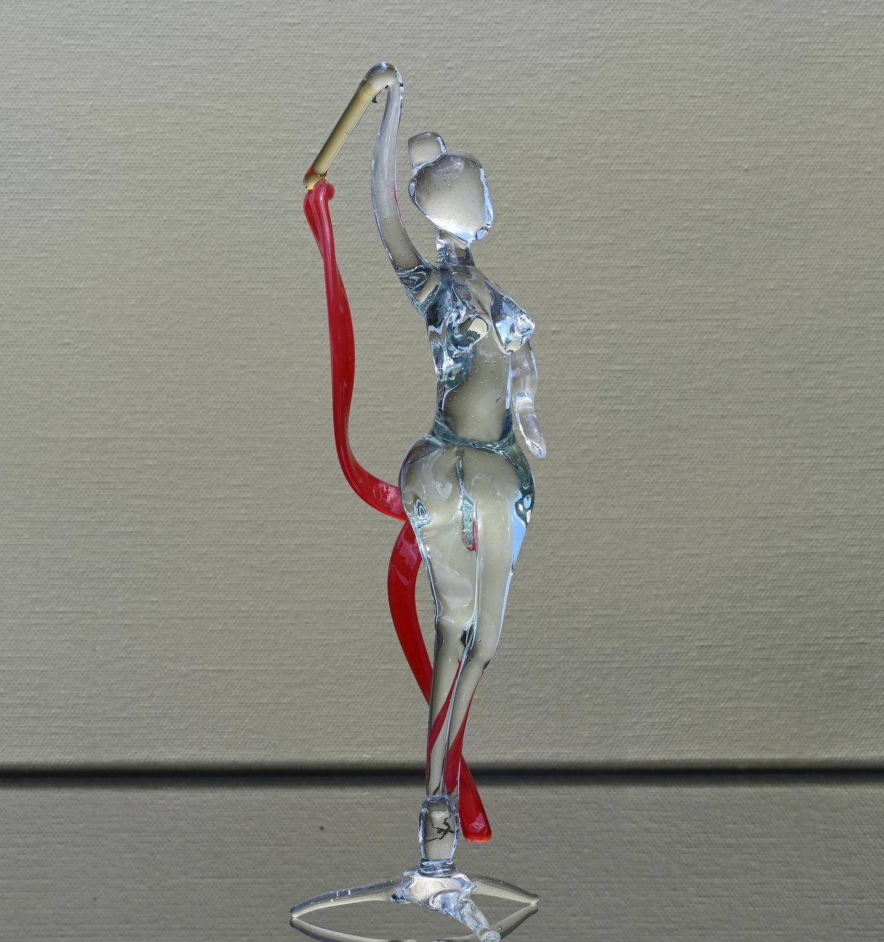 Hand-Blown Glass Gymnast Statue: Red Ribbon, Flame Work Art